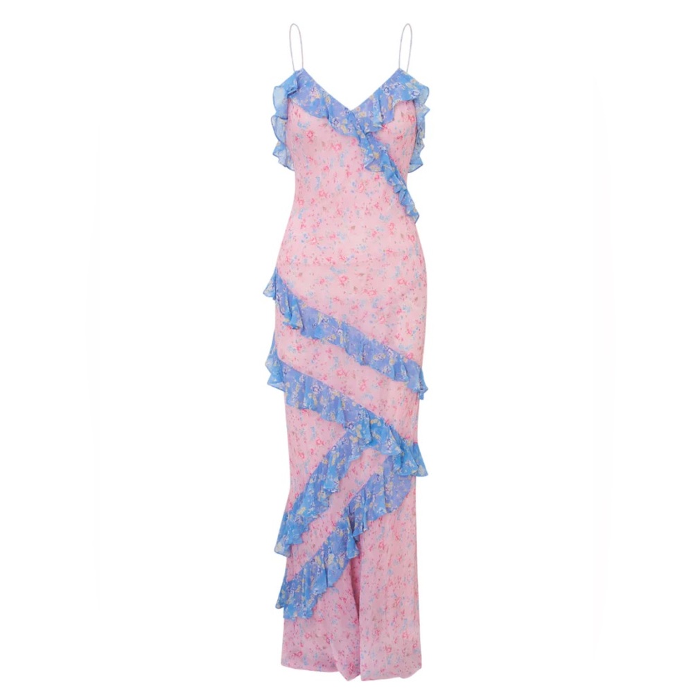LoveShackFancy Rialto Floral Maxi Dress Pink Blue Ruffle NWT Size 8